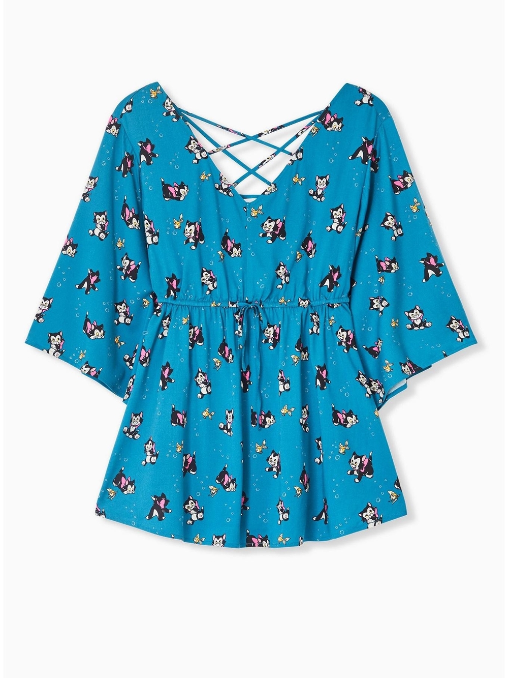 Disney Figaro Teal Cat & Fish Print Empire Waist Top Crisscross V-Neck Blouse 4X